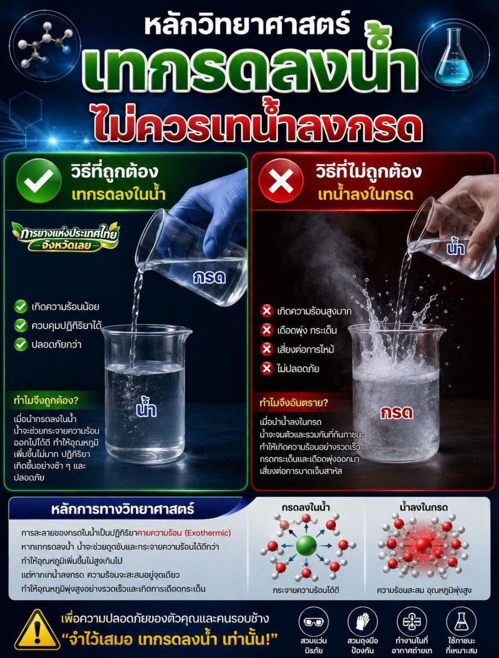 หลักวิทยาศาสตร์ เทกรดลงน้ำ ไม่ควรเทน้ำลงกรด