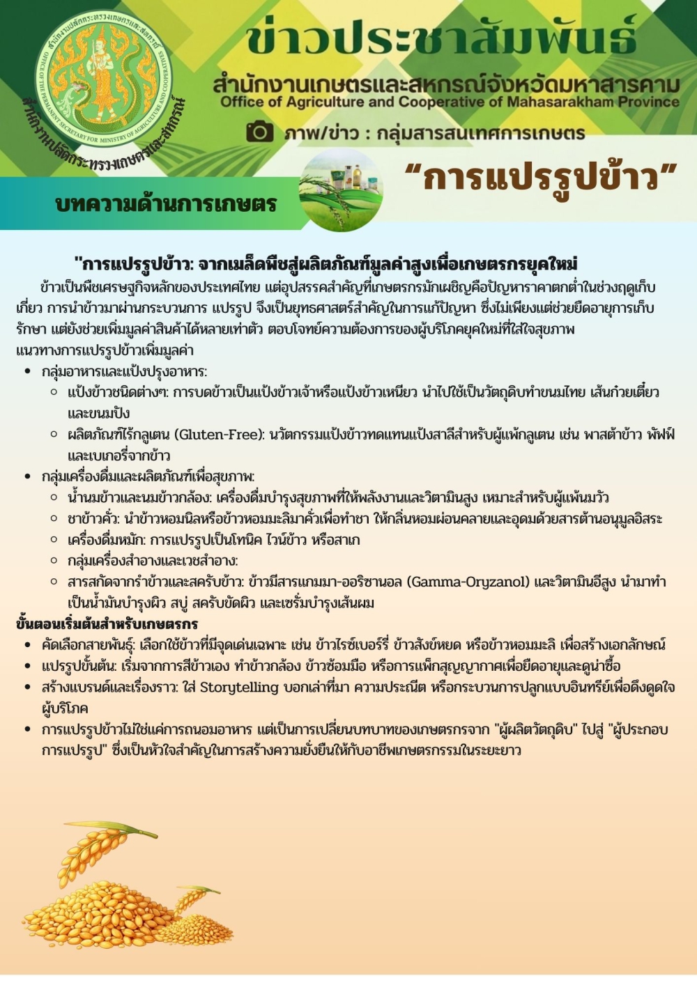 การแปรรูปข้าว:จากเมล็ดพืชสู่ผลิตภัณฑ์มูลค่าสูงเพื่อเกษตรกรยุคใหม่