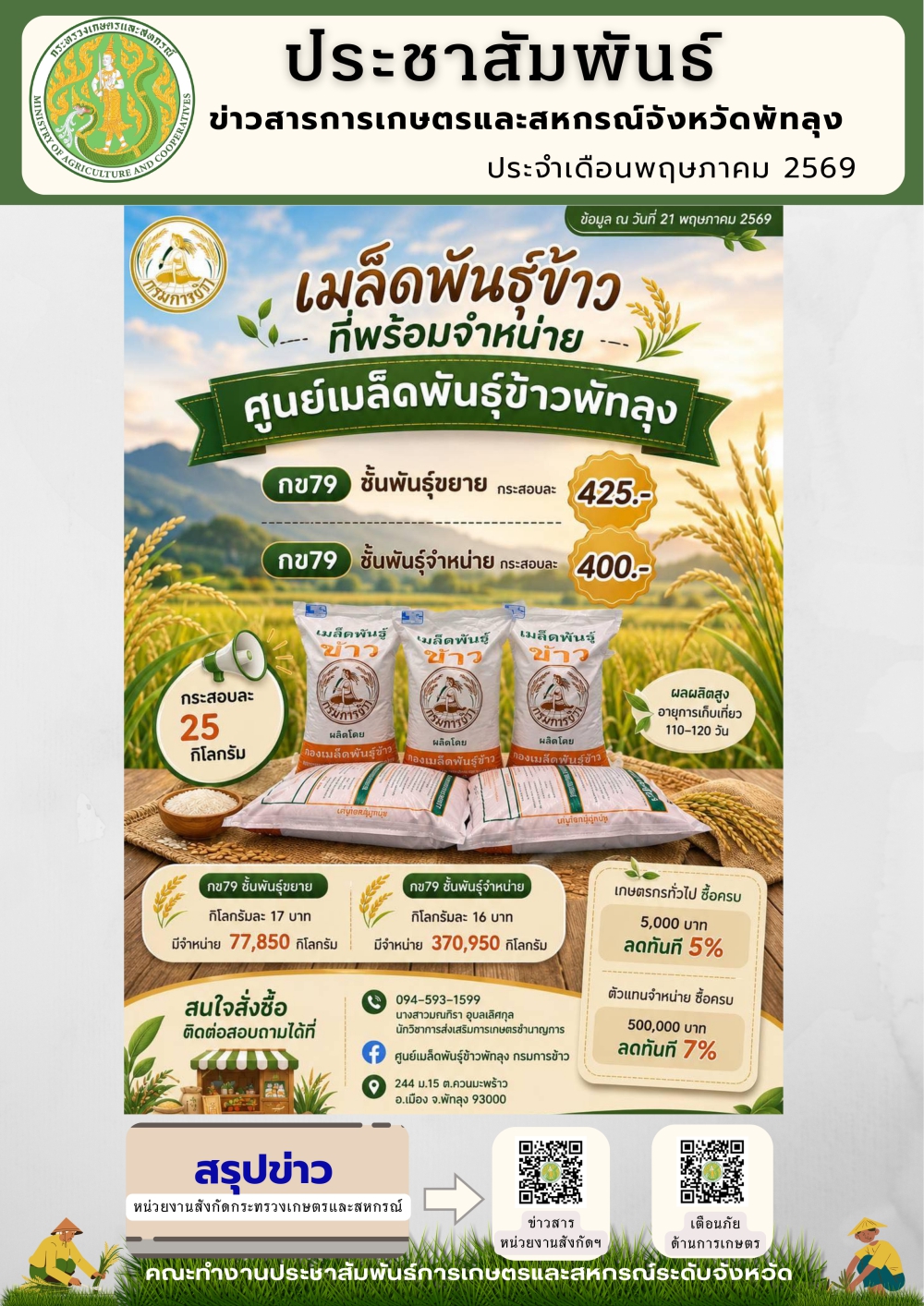 สรุปข่าวสารด้านการเกษตรและสหกรณ์จังหวัดพัทลุง