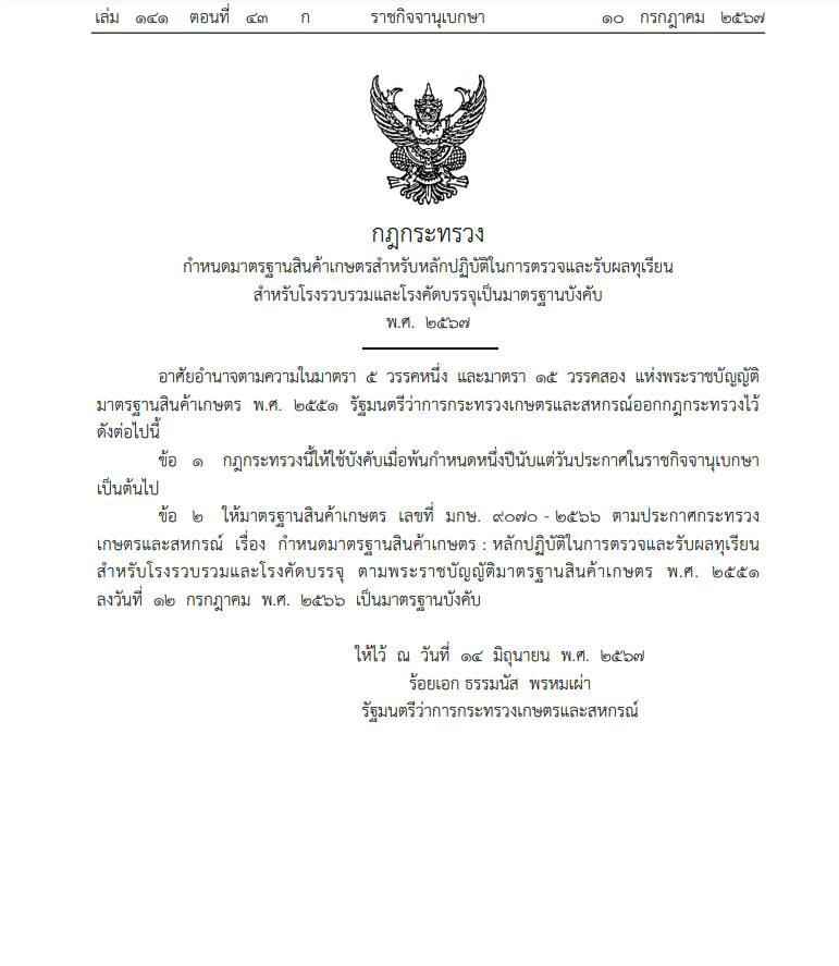 กฏกระทรวงกำหนดมาตรฐานสินค้าเกษตรสำหรับหลักปฎิบัติในการตรวจและรับผลทุเรียน