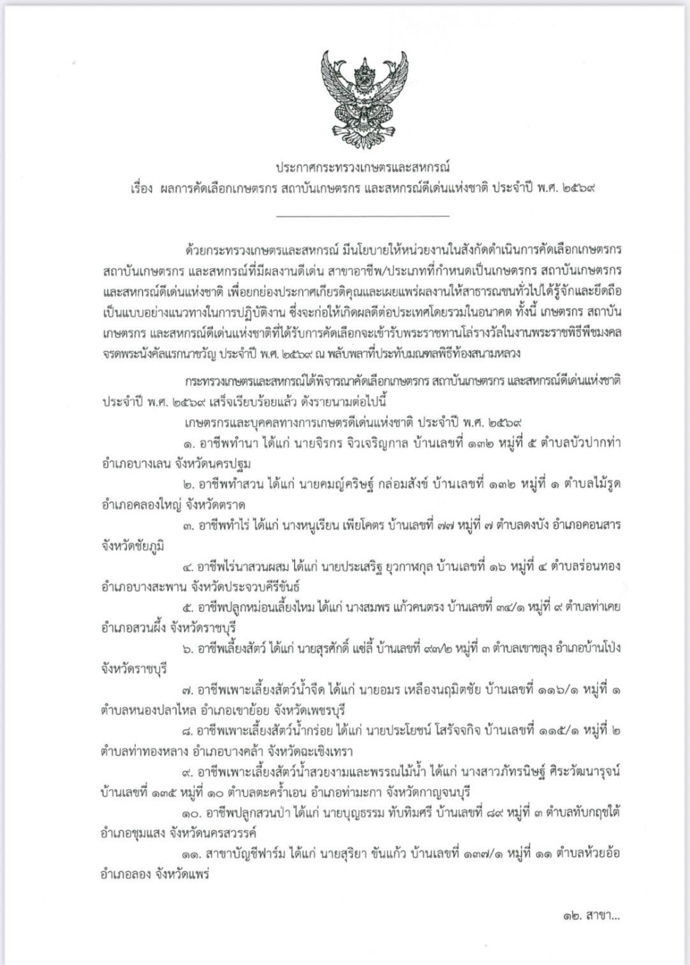 ประกาศกระทรวงเกษตรและสหกรณ์