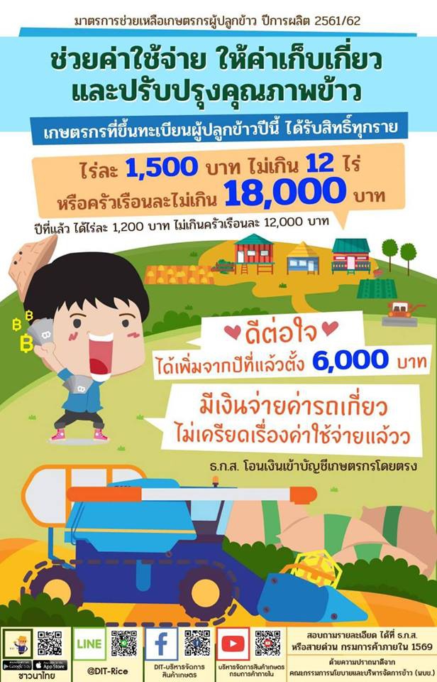 รัฐบาลให้การช่วยเหลือค่าเก็บเกี่ยวและปรับปรุงคุณภาพข้าว