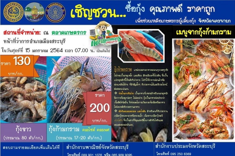 เชิญชวน วันที่ 15 มกราคม 2564 ซื้อกุ้ง คุณภาพดี ราคาถูก