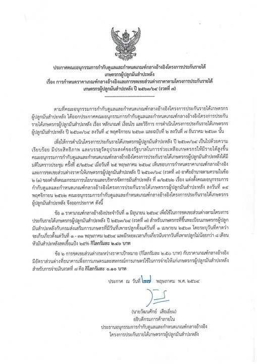 ประกาศคณะอนุกรรมการกำกับดูแลและกำหนดเกณฑ์กลางอ้างอิงโครงการประกันรายได้เกษตรกรผู้ปลูกมันสำปะหลัง