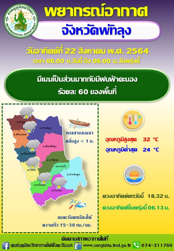 พยากรณ์อากาศจังหวัดพัทลุง วันที่ 22 สิงหาคม 2564