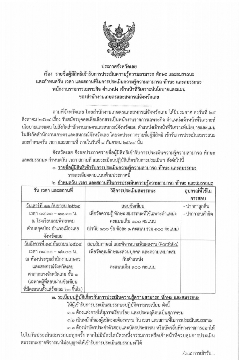 ประกาศจังหวัดเลยเรื่องรายชื่อผู้มีสิทธิเข้ารับการประเมินความรู้ความสามารถ