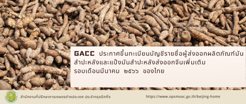 GACCประกาศขึ้นทะเบียนบัญชีรายชื่อผู้ส่งออกผลิตภัณฑ์มันสำปะหลังและแป้งมันสำปะหลังส่งออกจีนเพิ่มเติม