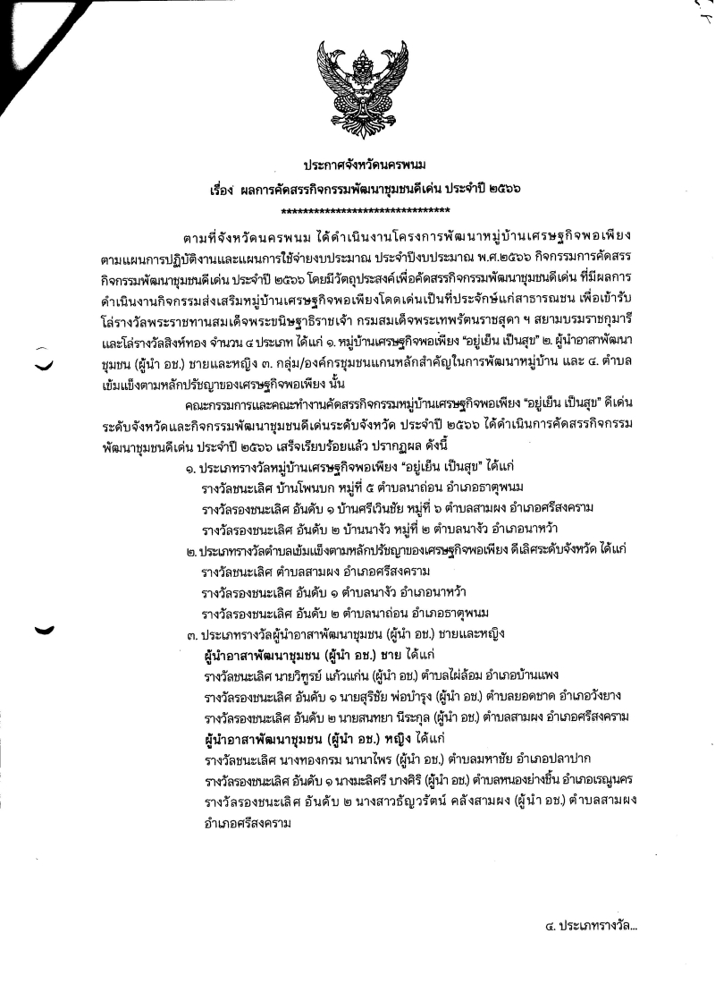 ประกาศ ผลการคัดสรรกิจกรรมพัฒนาชุมชนดีเด่น ประจำปี 2566