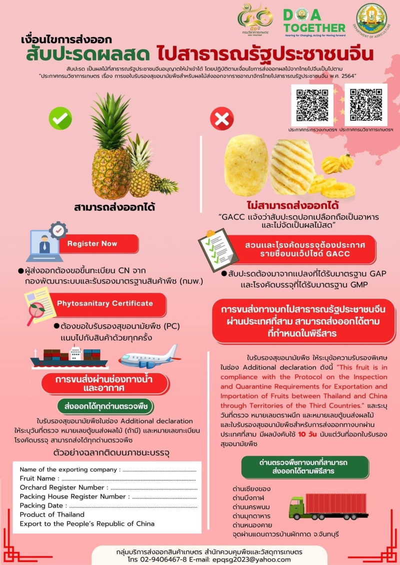 เงื่อนไขการส่งออกสัปรดผลสด ไปสาธารณรัฐประชาชนจีน