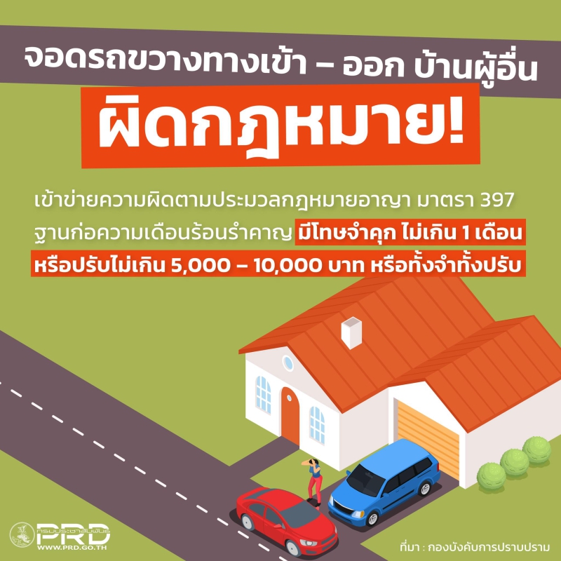 จอดรถขวางทางเข้า – ออก บ้านผู้อื่น ผิดกฎหมาย !