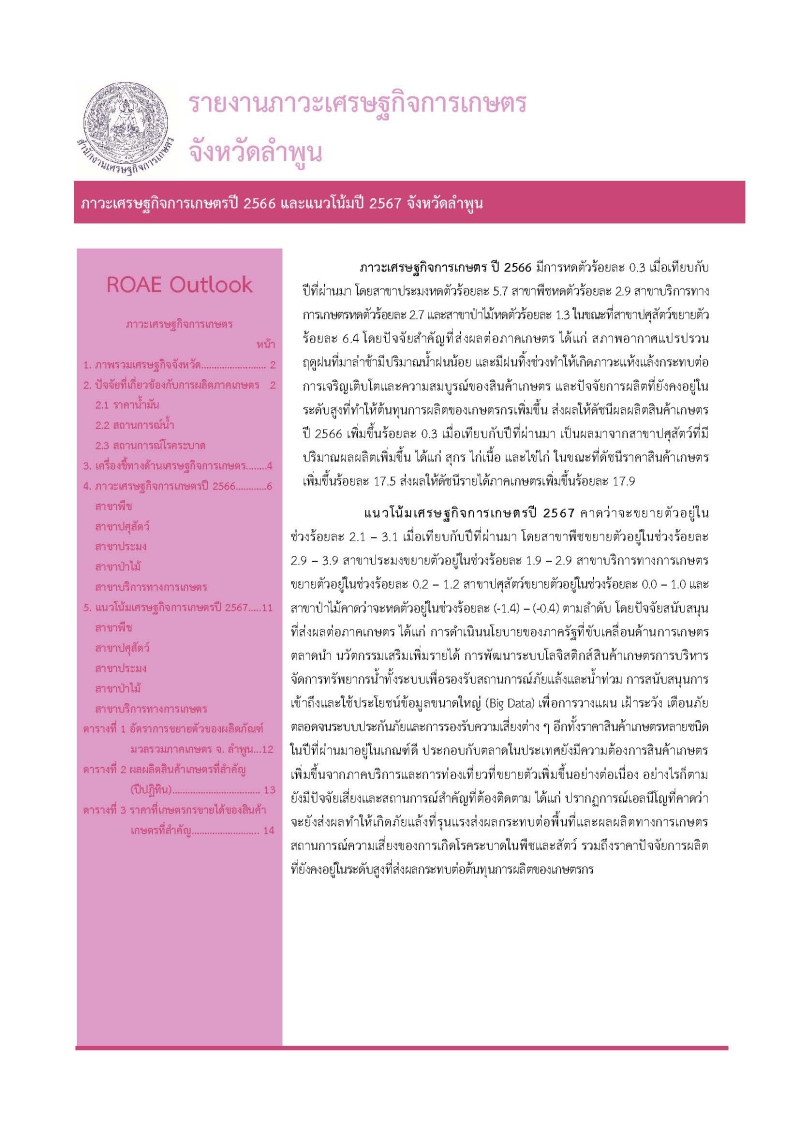 ภาวะเศรษฐกิจการเกษตรปี 2566 และแนวโน้มปี 2567 จังหวัดลำพูน
