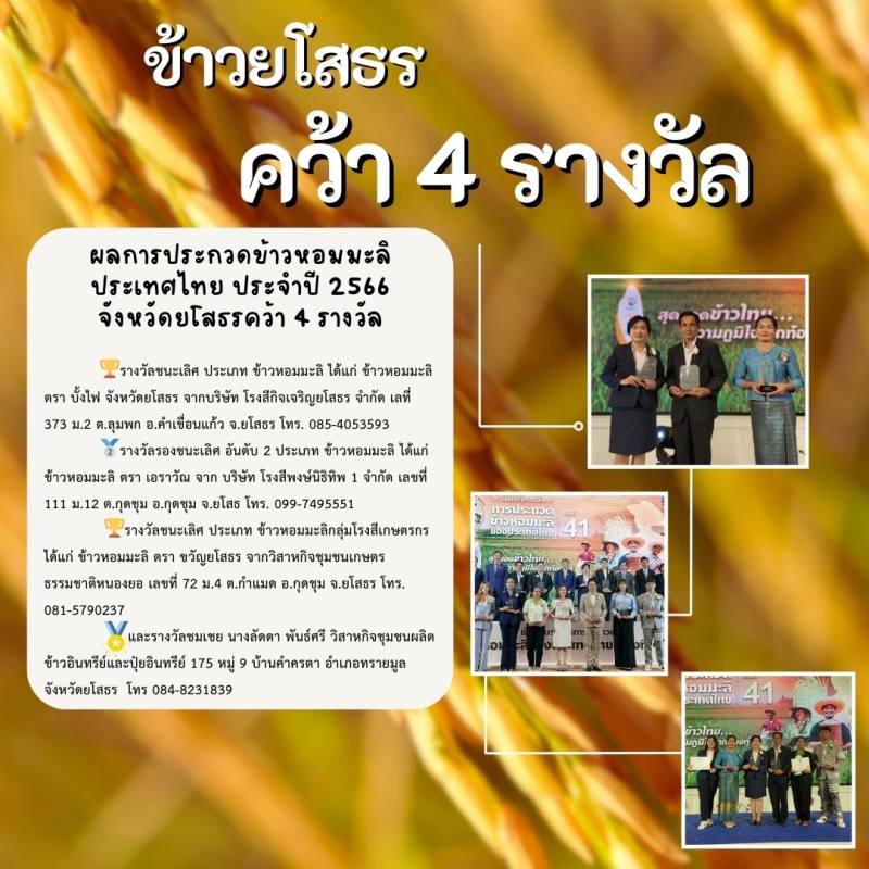 ข้าวยโสธร คว้า 4 รางวัล ประจำปี 2566