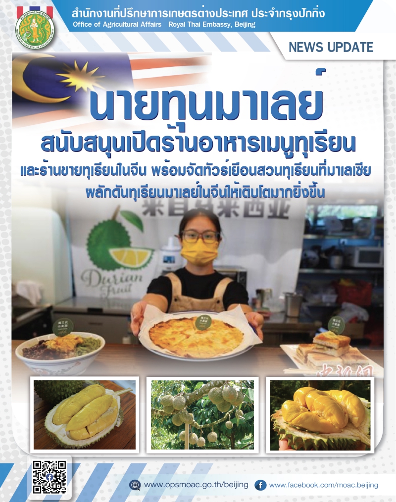 นายทุนมาเลย์สนับสนุนเปิดร้านอาหารเมนูทุเรียนและร้านขายทุเรียนในจีน