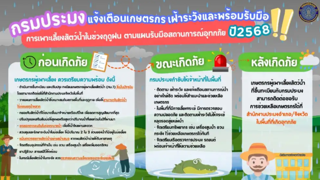 กรมประมงเตือนเกษตรกรเฝ้าระวังโรคสัตว์น้ำที่มาพร้อมกับหน้าฝน