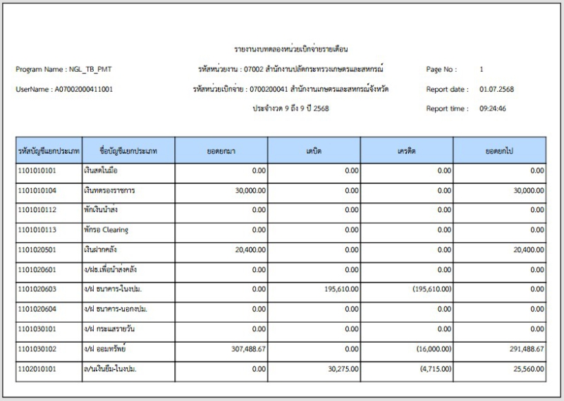 รายงานงบทดลองประจำเดือน มิถุนายน พ.ศ. 2568