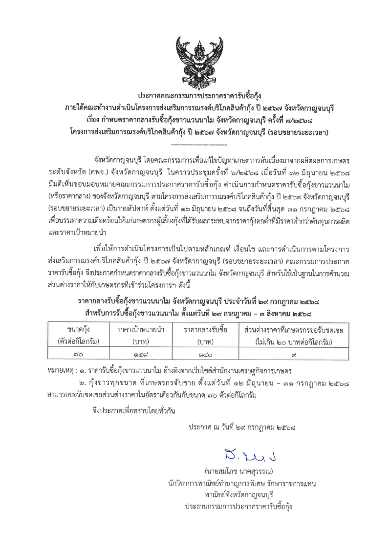 ประกาศคณะกรรมการประกาศราคารับซื้อกุ้ง