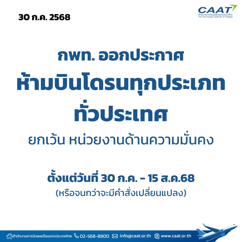 กพท.ออกประกาศห้ามบินโดรนทุกประเภท