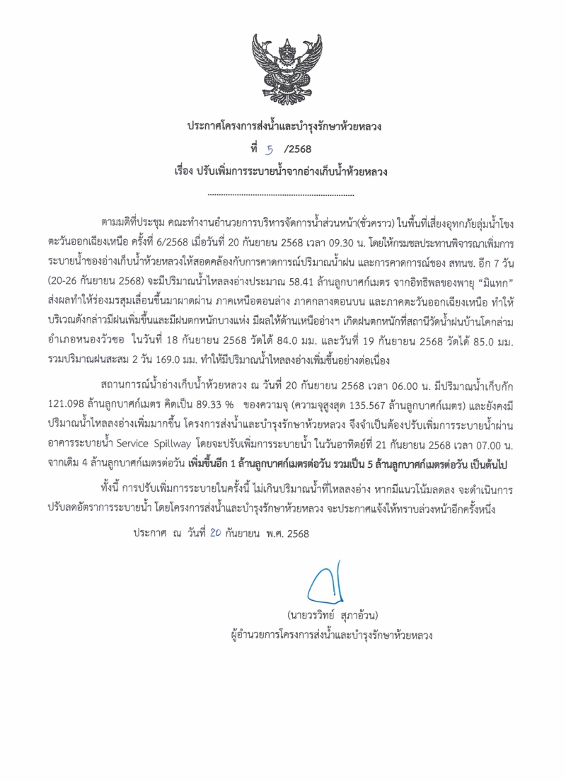ประกาศโครงการส่งน้ำบำรุงรักษาห้วยหลวง