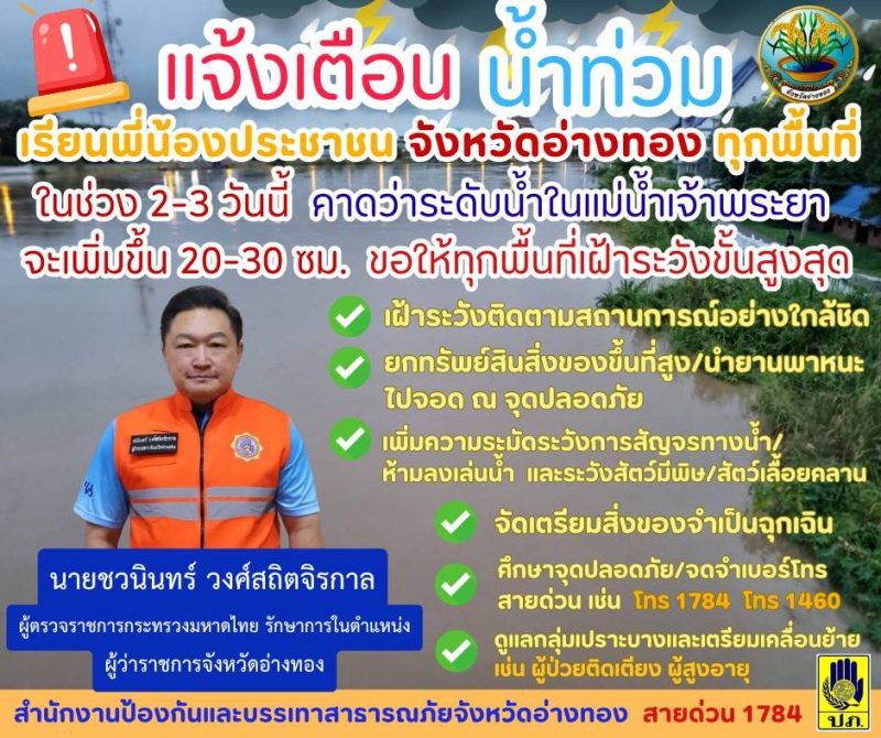 จังหวัดอ่างทองแจ้งเตือนน้ำท่วมเนื่องจากในช่วง