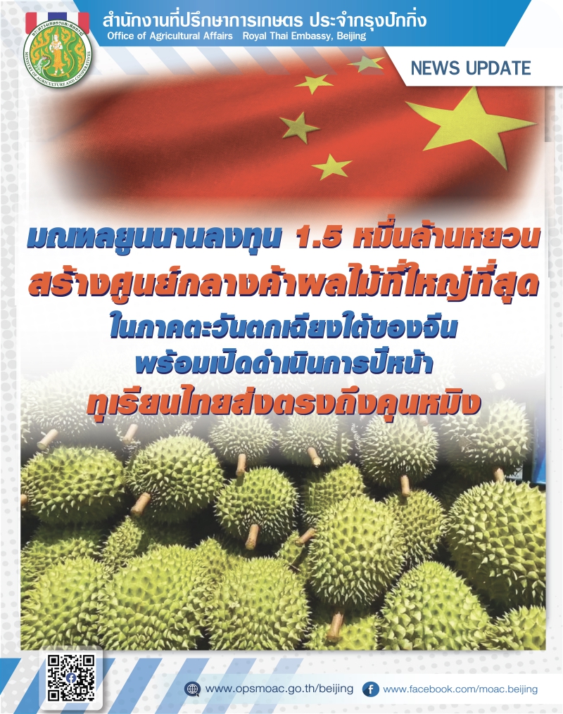 ยูนนานลงทุน1.5หมื่นล้านหยวนสร้างศูนย์กลางค้าผลไม้ที่ใหญ่ที่สุดในภาคตะวันตกเฉียงใต้ของจีนพร้อมเปิดดำเนินการปีหน้า