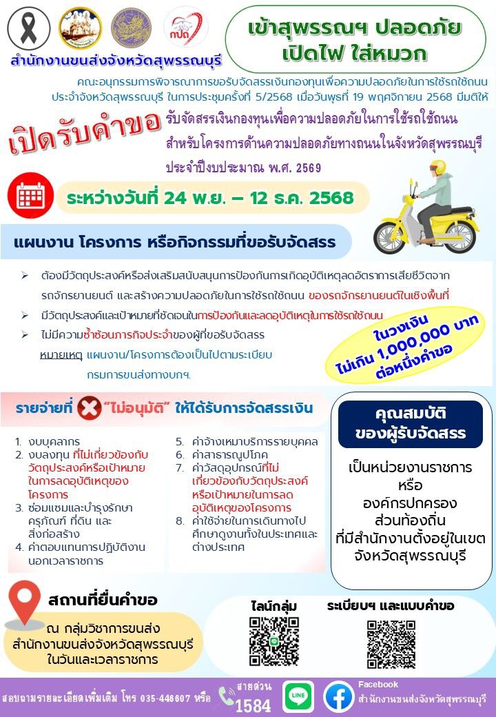 การเปิดรับคำขอรับจัดสรรเงินกองทุนเพื่อความปลอดภัยในการใช้รถใช้ถนนในจังหวัดสุพรรณบุรี