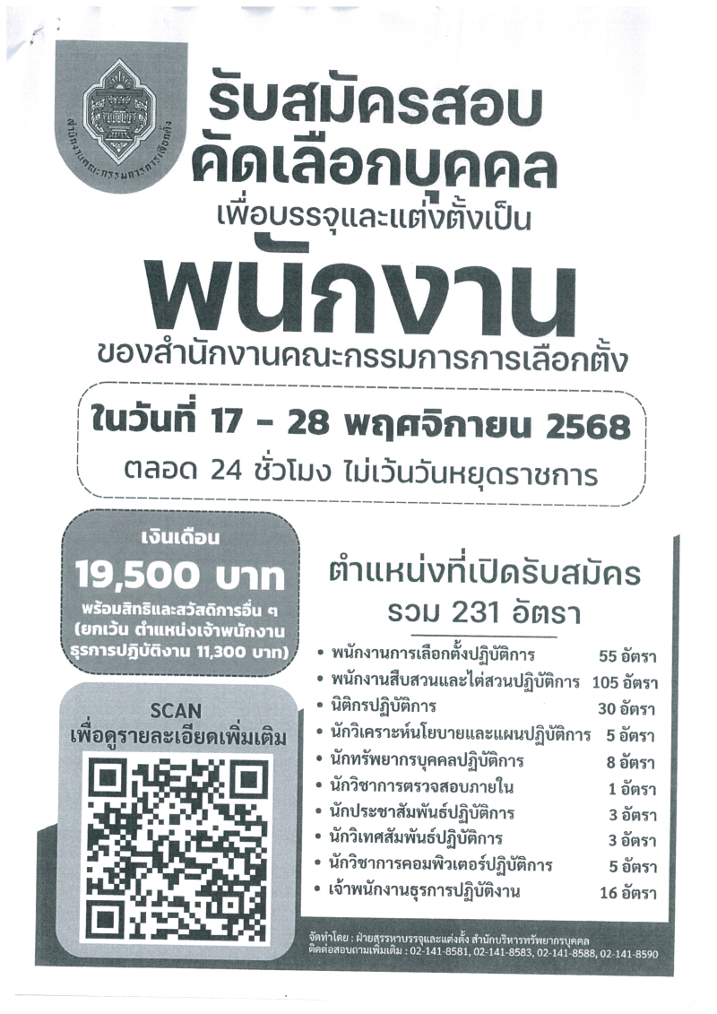 รับสมัครสอบคัดเลือกบุคคลเพื่อบรรจุแต่งตั้งเป็นพนักงานของสำนักงานคณะกรรมการการเลือกตั้ง