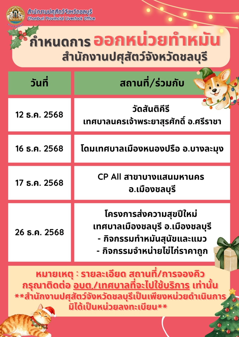 กำหนดการออกหน่วยทำหมัน ประจำเดือนธันวาคม 2568