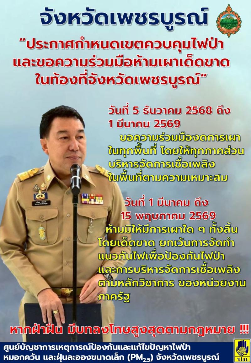 ประกาศกำหนดเขตควบคุมไฟป่าและขอความร่วมมือห้ามเผาโดยเด็ดขาดในท้องที่จังหวัดเพชรบูรณ์