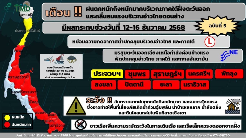 กรมอุตุนิยมวิทยาแจ้งฝนตกหนักถึงหนักมากบิเวณภาคใต้ฝั่งตะวันออกระหว่างวันที่