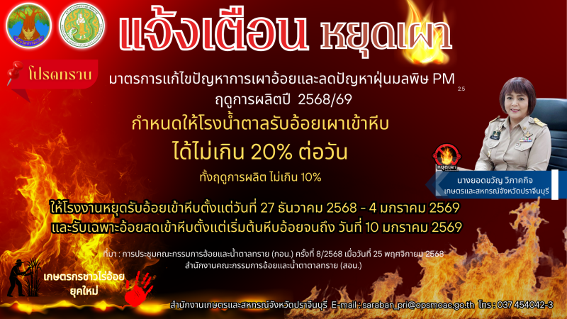 แจ้งเตือนมาตรการแก้ไขปัญหาการเผาอ้อยและลดปัญหาฝุ่นมลพิษ
