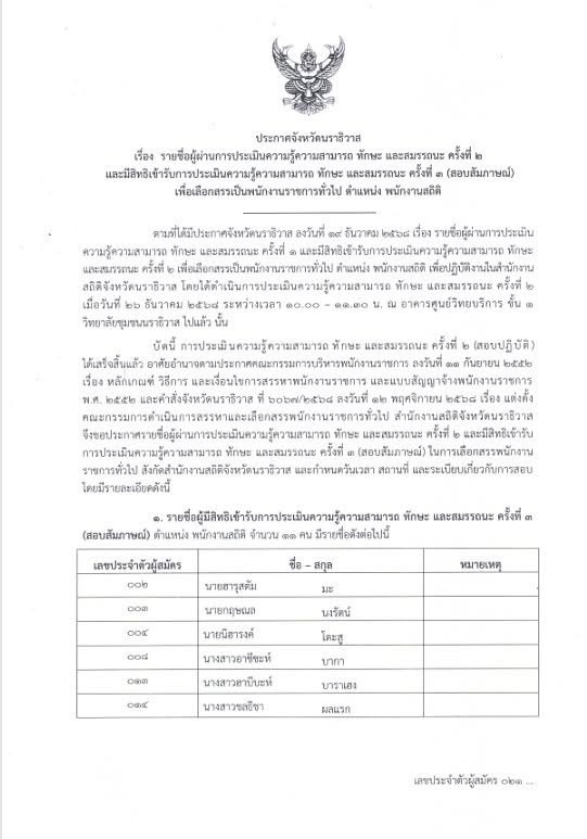 ประกาศจังหวัดนราธิวาสเรื่องรายชื่อผู้ผ่านการประเมินความรู้