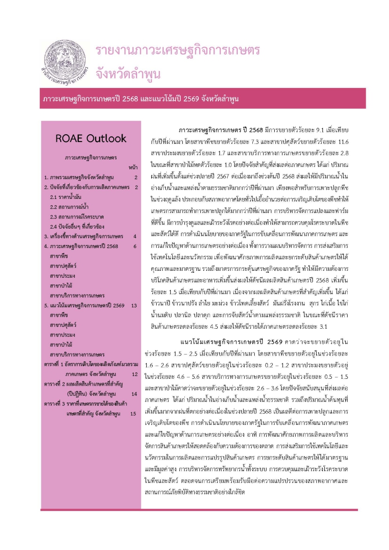 ภาวะเศรษฐกิจการเกษตรปี 2568 และแนวโน้มปี 2569 จังหวัดลำพูน