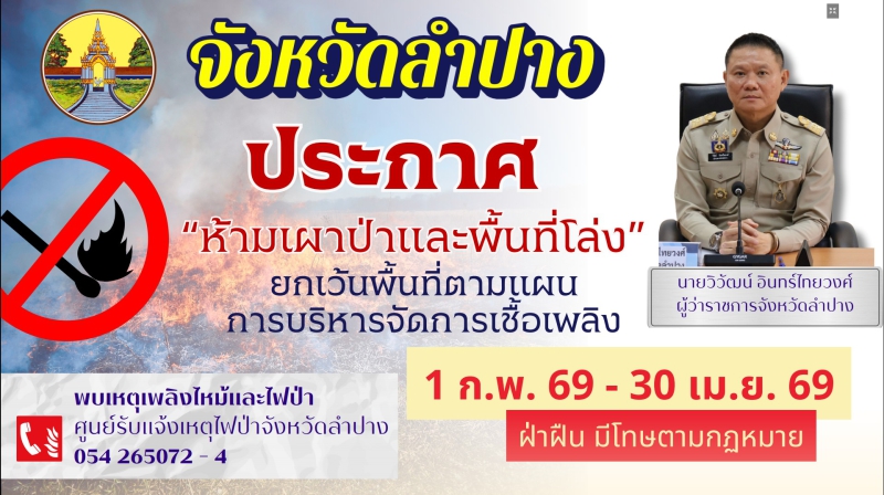จังหวัดลำปางประกาศห้ามเผาป่าและพื้นที่โล่ง