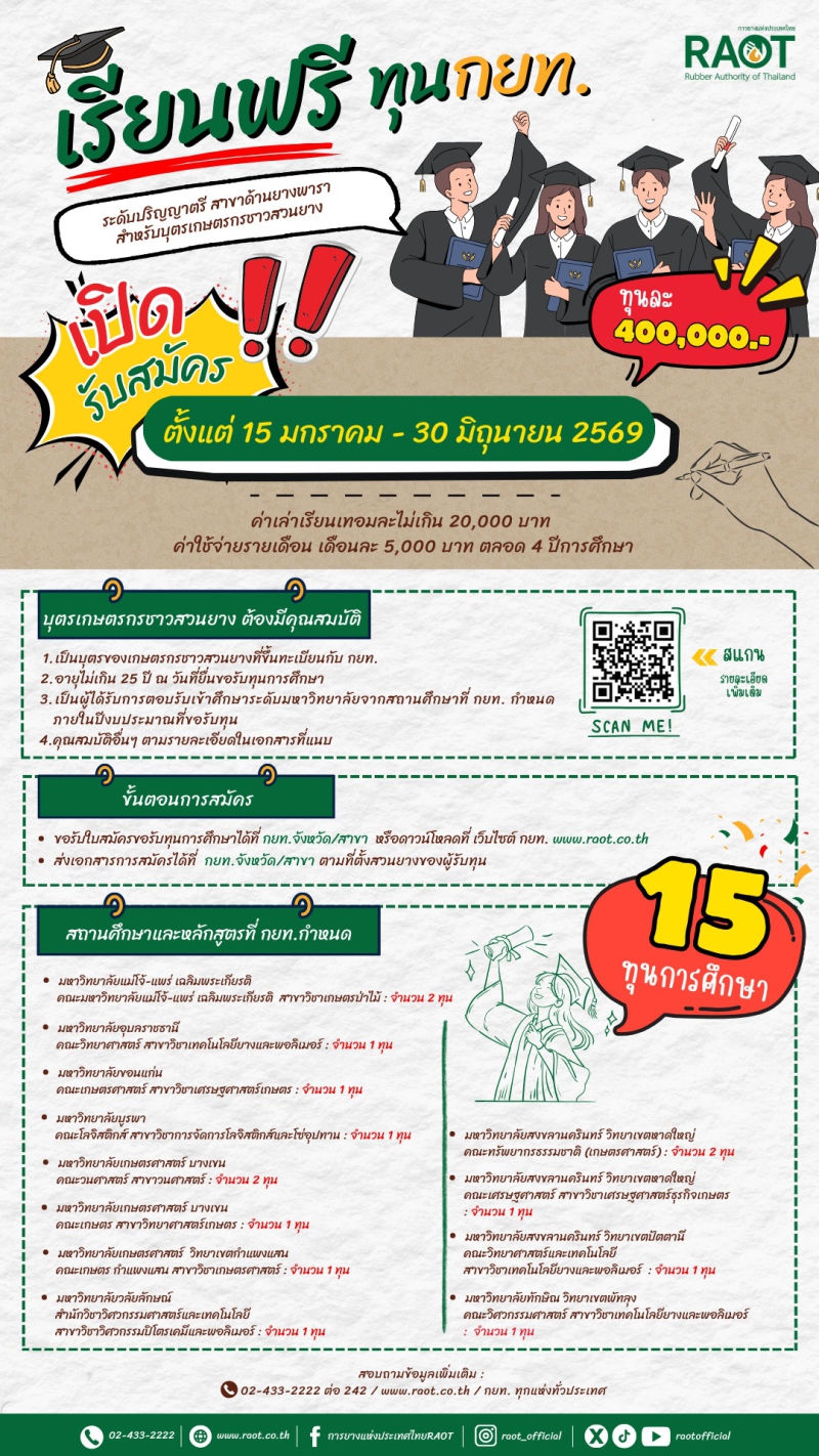 กยท. มอบทุนเรียนฟรี สำหรับบุตรเกษตรกรชาวสวนยาง