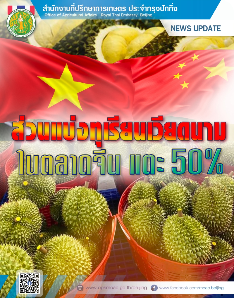ส่วนแบ่งทุเรียนเวียดนามในตลาดจีนจ่อแตะ 50%