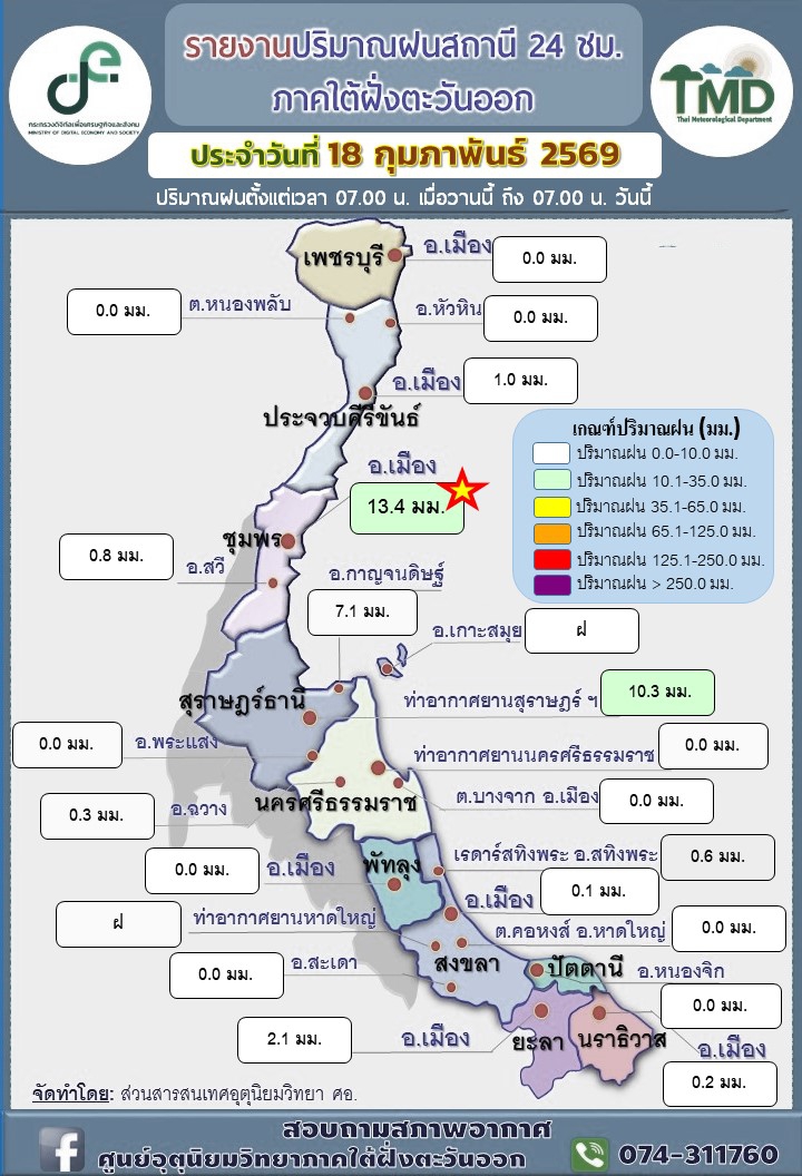 พยากรณ์อากาศ ประจำวัน 18 กุมภาพันธ์ 2569