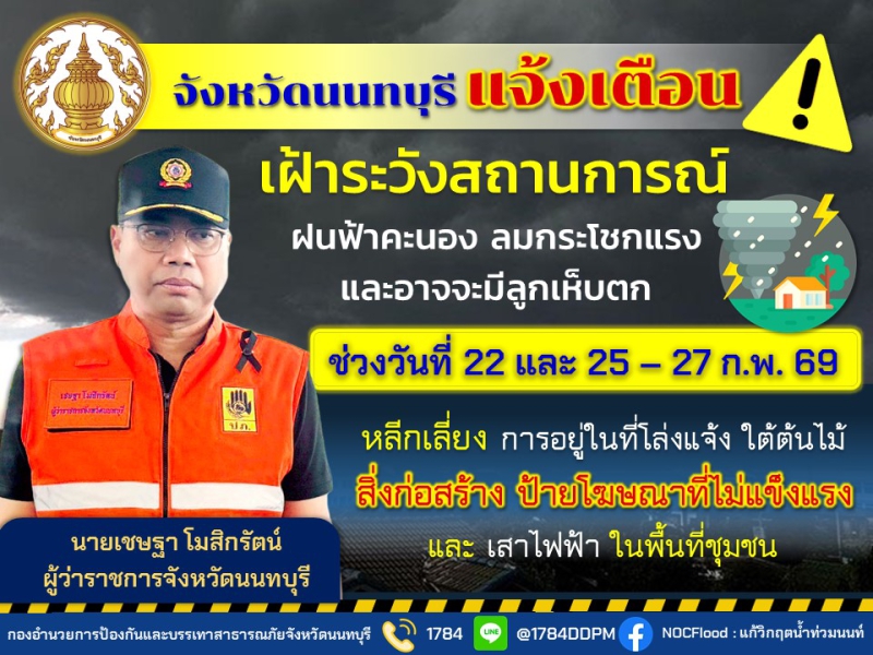 จังหวัดนนทบุรีแจ้งเตือนเฝ้าระวังสถานการณ์ฝนฟ้าคะนอง