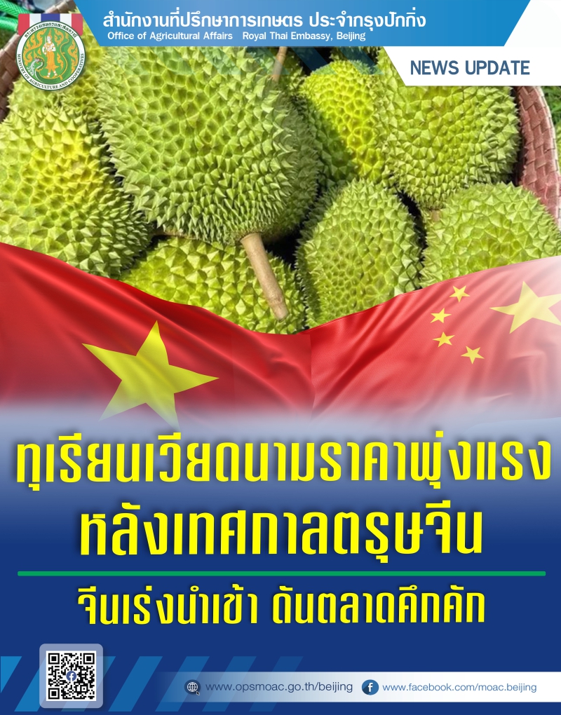 ทุเรียนเวียดนามราคาพุ่งแรงหลังเทศกาลตรุษจีน