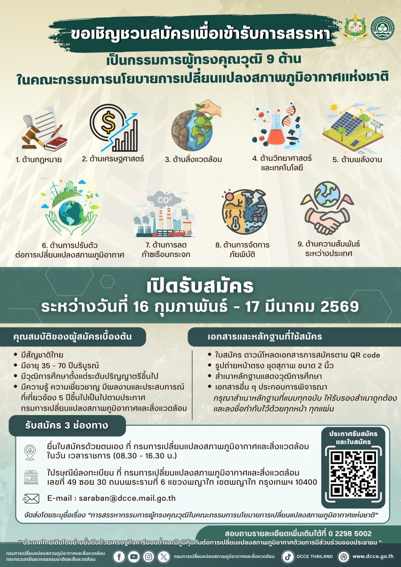รับสมัครบุคคลเพื่อเข้ารับการสรรหาเป็นกรรมการผู้ทรงคุณวุฒิในคณะกรรมการนโยบายการเปลี่ยนแปลงสภาพภูมิอากาศแห่งชาติ
