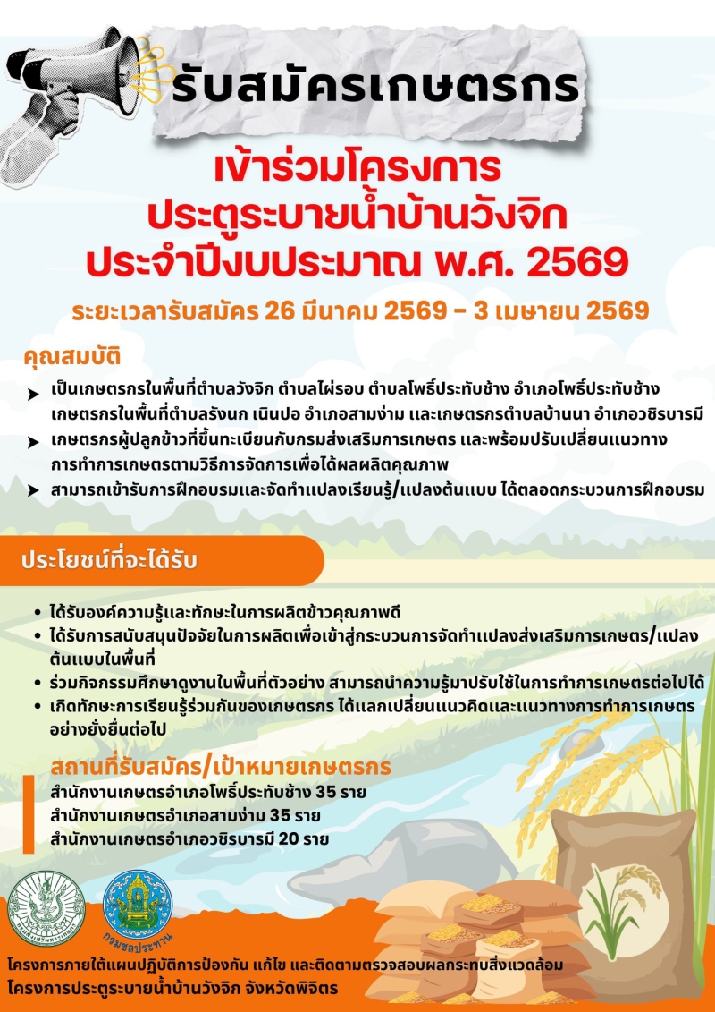 รับสมัครเกษตรกรเข้าร่วมโครงการประตูระบายน้ำบ้านวังจิก