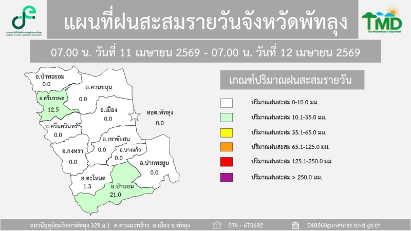 แผนที่ฝนสะสมรายวันจังหวัดพัทลุง วันที่ 12 เมษายน 2569