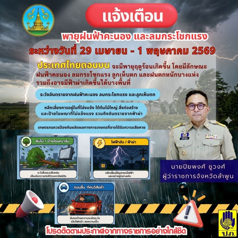จังหวัดลำพูนแจ้งเตือนพายุฝนห้าคะนอง