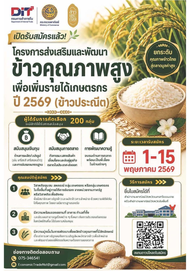 รับสมัครผู้เข้าร่วมโครงการส่งเสริมและพัฒนาข้าวคุณภาพสูงเพื่อเพิ่มรายได้เกษตรกร