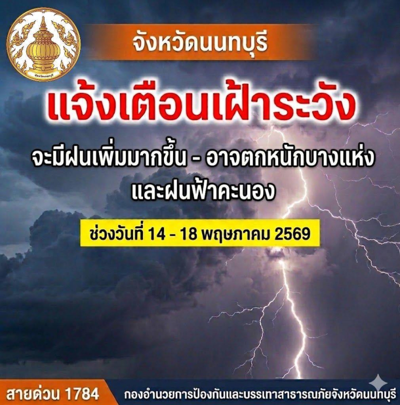 จังหวัดนนทบุรีแจ้งเตือนเฝ้าระวังฝนฟ้าคะนอง