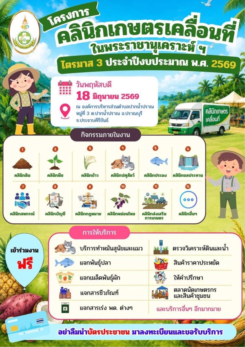 ขอเชิญเกษตรกรในพื้นที่และพื้นที่ใกล้เคียงร่วมกิจกรรมโครงการคลินิกเกษตรเคลื่อนที่ในพระราชานุเคราะห์ฯ