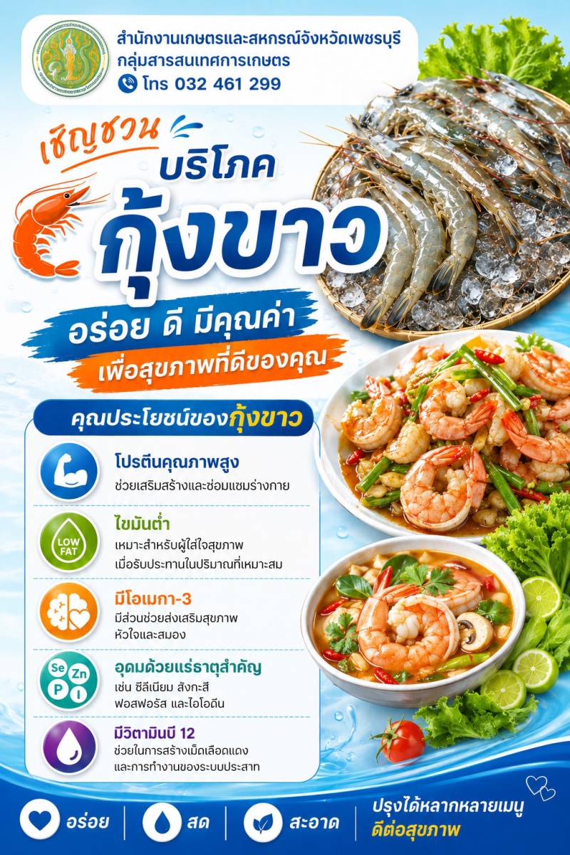 เชิญชวนบริโภคกุ้งขาวอร่อยมีคุณค่าสดใหม่จากเกษตรกรไทย