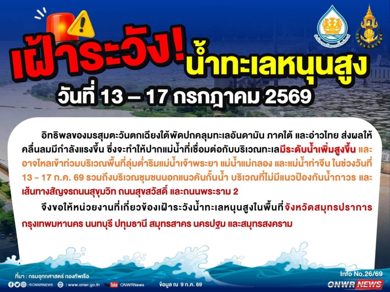 เฝ้าระวัง‼ น้ำทะเลหนุนสูง วันที่ 13-17 กรกฎาคม 2569