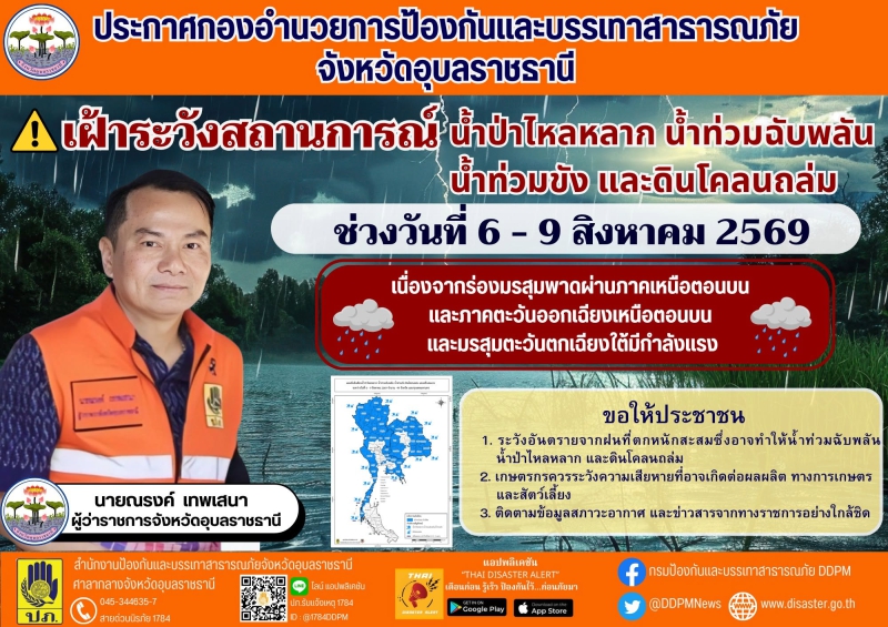 จังหวัดอุบลราชธานี เฝ้าระวัง ฝนตกหนัก 6-9 สิงหาคม 2569
