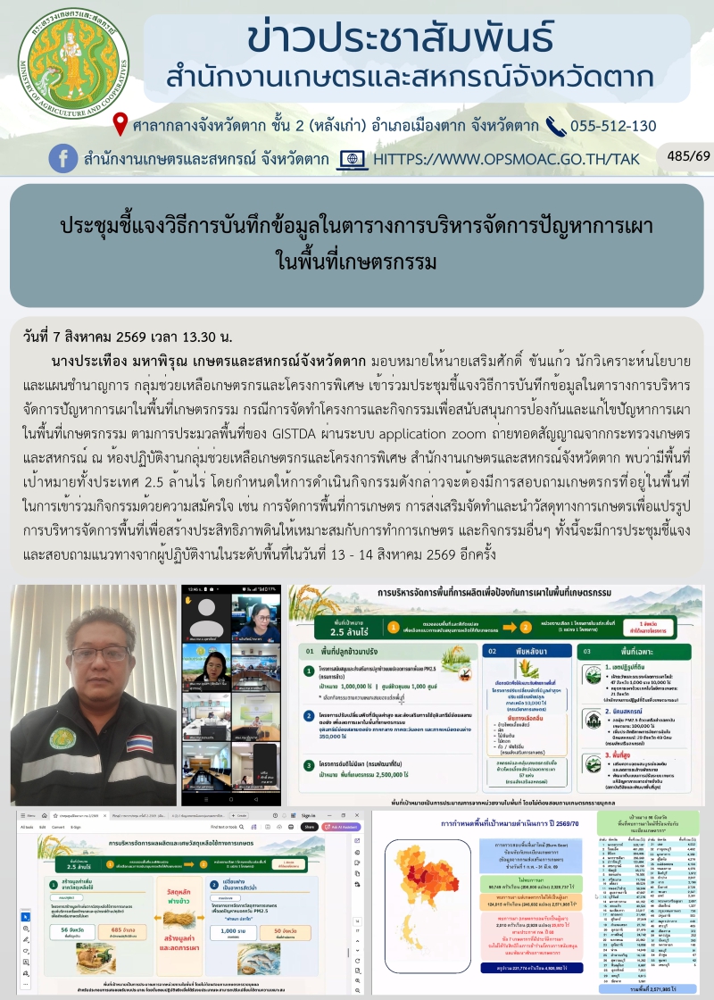 ประชุมชี้แจงวิธีการบันทึกข้อมูลในตารางการบริหารจัดการปัญหาการเผาในพื้นที่เกษตรกรรม