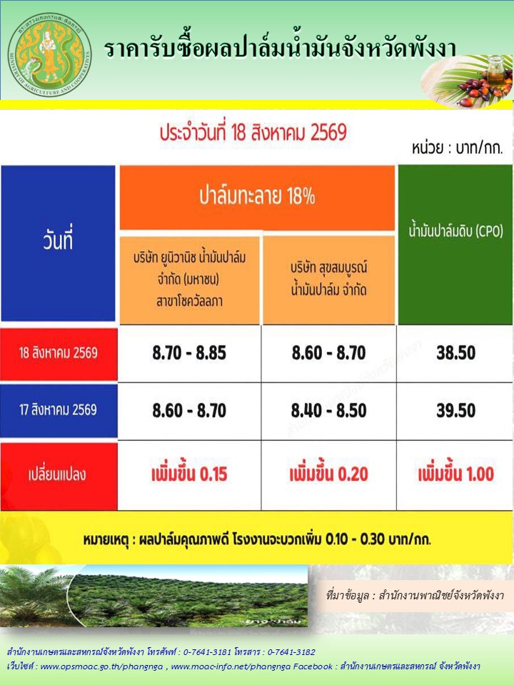 ราคารับซื้อผลปาล์มน้ำมันจังหวัดพังงา
